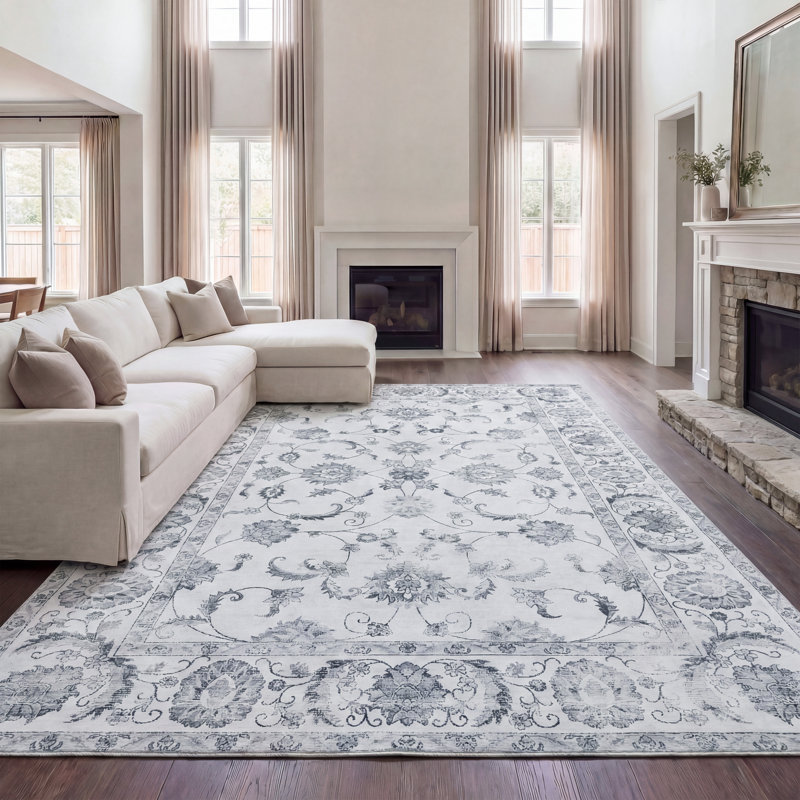 Arabella Vintage Floral Border Machine-Washable Rug, Ivory/Gray, Rectangle 9' x 12'