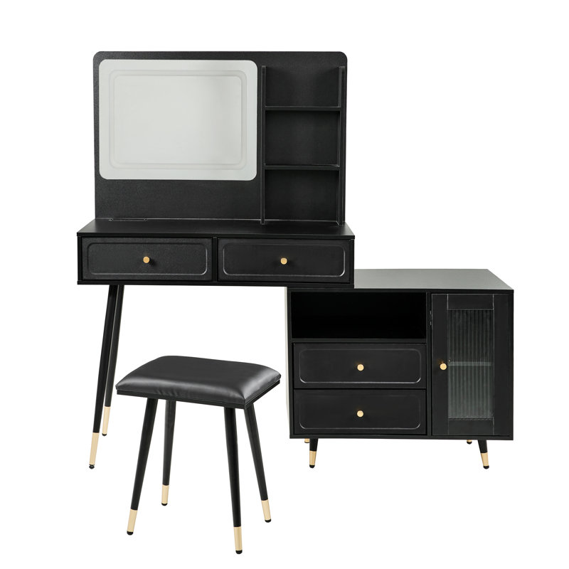 Compact Dressing Table With 3 - Color Adjustable Lights, Drawer Storage, And Built In Power Outlet, Ideal For Bedroom Fluted Glass Door Design Black Vanity Desk Retractable Cabinet, Layer Shelf,