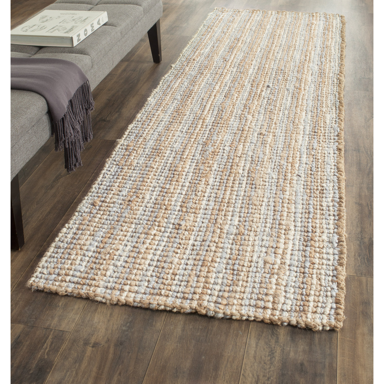Alda Gray Natural Hand-Woven Striped Jute Rug, Runner 2'6" x 6'