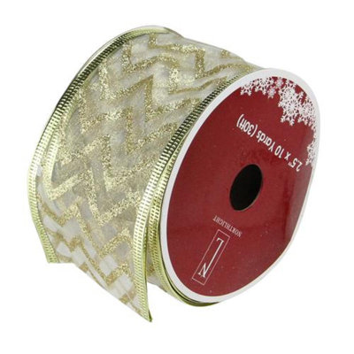 Ruban d'artisanat de Noël filaire scintillant doré à chevrons 2,5 po x 10 verges