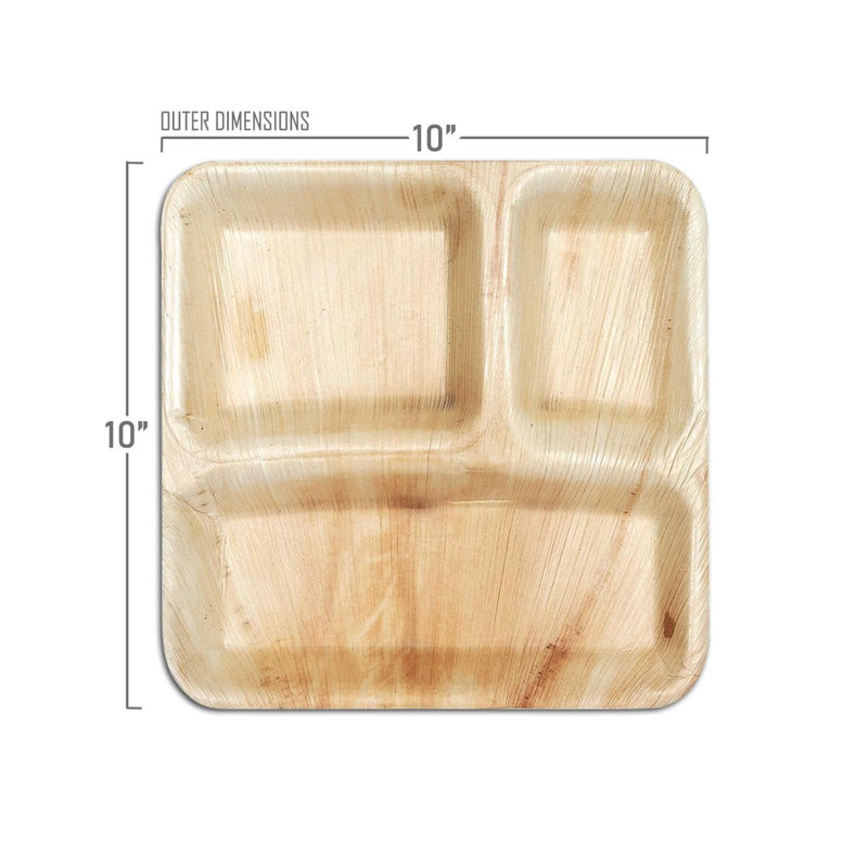 Assiettes à dîner jetables carrées à 3 compartiments (10 po)
