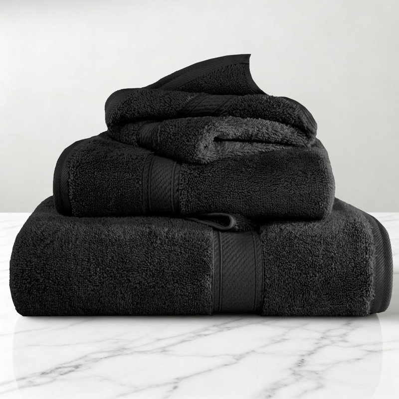 Ensemble de serviettes de bain en coton égyptien certifié Scotia, Noir, Ensemble de serviettes 3 pièces (1 bain, 1 main,