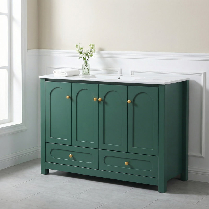 Armoire de salle de bain 48 po, 4 portes d'armoire à fermeture lente et 2 tiroirs (à l'exception du lavabo en céramique), vert
