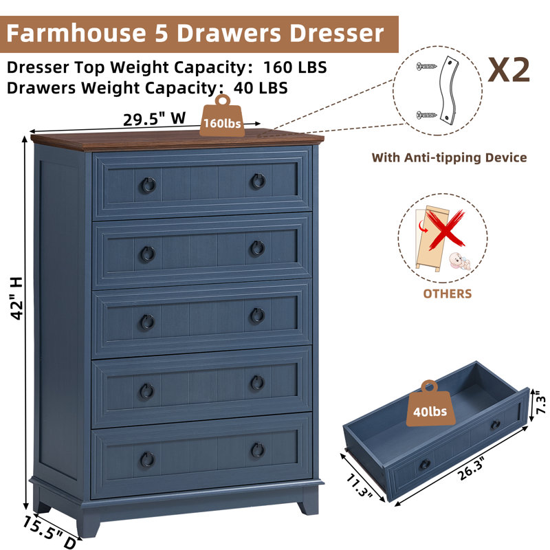 Farmhouse 5 Drawer Dresser For Bedroom, 42" Tall Small Dressers & Chest Of Drawers, Rustic Wood Dresser With Metal Handle, Storage Organizer Closet For Living Room, Hallway, Entryway