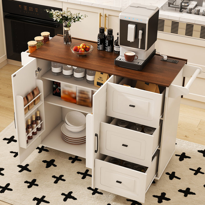 Îlot de cuisine avec plateau de table pliable et espace de rangement
