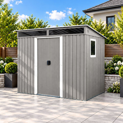 8x6 Metal Outdoor Storage Shed With Window And Transparent Plate Gray