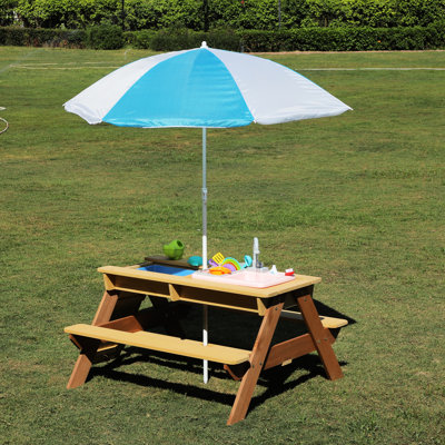 Table de pique-nique et de sable réglable 3 en 1, en bois massif, de couleur rouge brun jaune, idéale pour jouer dans la cour extérieure, assembler 20 25 minutes et table d'eau avec fonction, pliable de 43 po