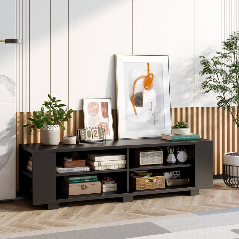 Wooden TV Stand with 8 Open Shelves for TVs up to 65 Inch, Black