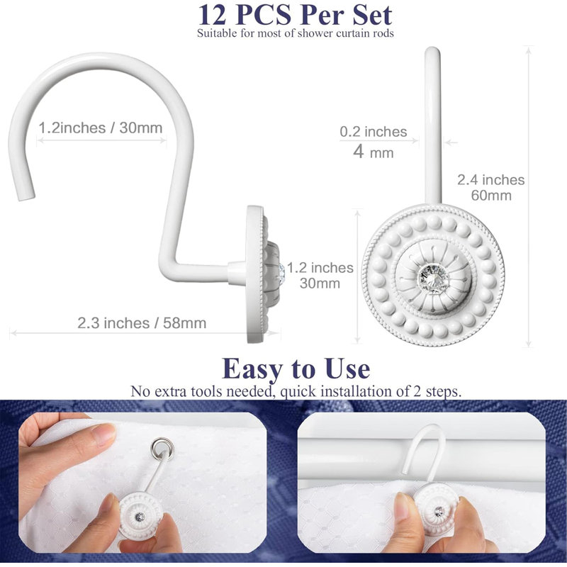 Crochets de rideau de douche décoratifs antirouille, anneaux de rideau de salle de bain durables en alliage de zinc avec motif perlé, ensemble de 12
