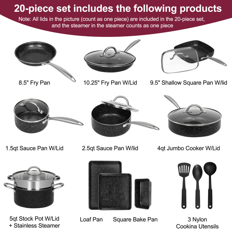20-Piece Non-Stick Granite Coated Cookware Set with Tempered Glass Lids