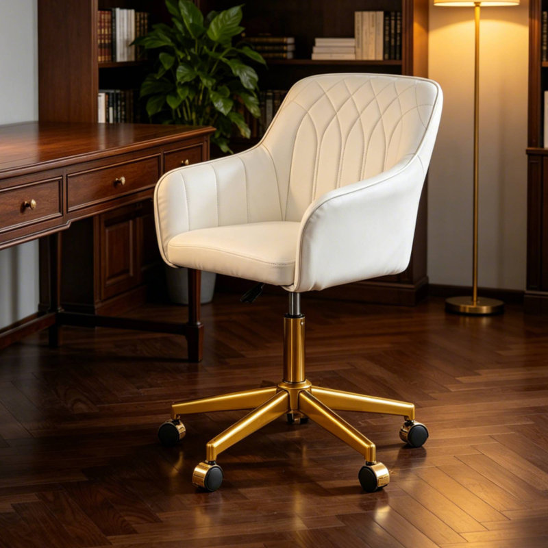 Fauteuil de bureau réglable en cuir de polyuréthane blanc avec roulettes, fauteuil de coiffeuse pivotant ergonomique avec base en métal doré