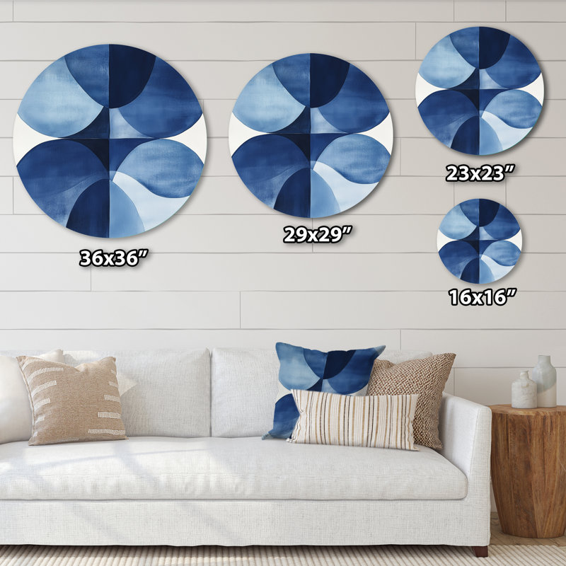 «Blue Minimal Curves - Abstract Shapes», décoration murale ronde en métal, L 36 po x H 36 po