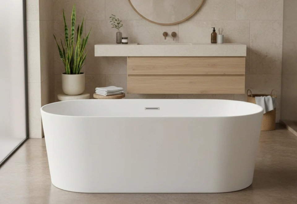 Modern minimalist bathroom featuring a white oval freestanding soaking tub in the foreground and a floating wooden vanity with a circular mirror in the background.