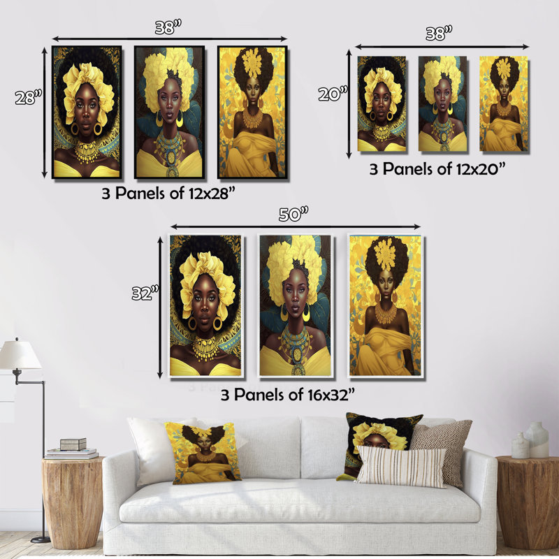 «Orisha Oshun, déesse africaine en jaune», 3 pièces, H 40 po x l 60 po, Toile tendue