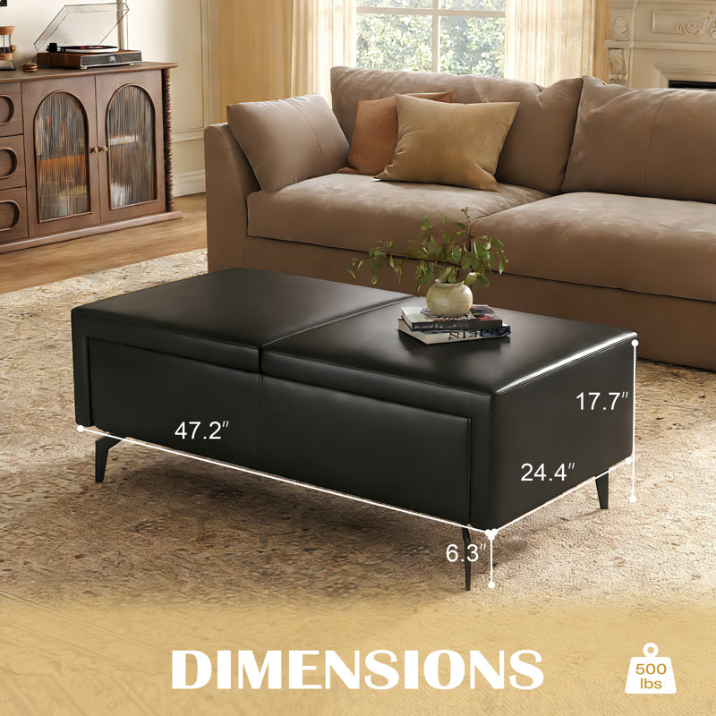 Black Faux Leather Ottoman with Storage, 17.72" H x 47.2" W x 24.4" D, Black Faux Leather
