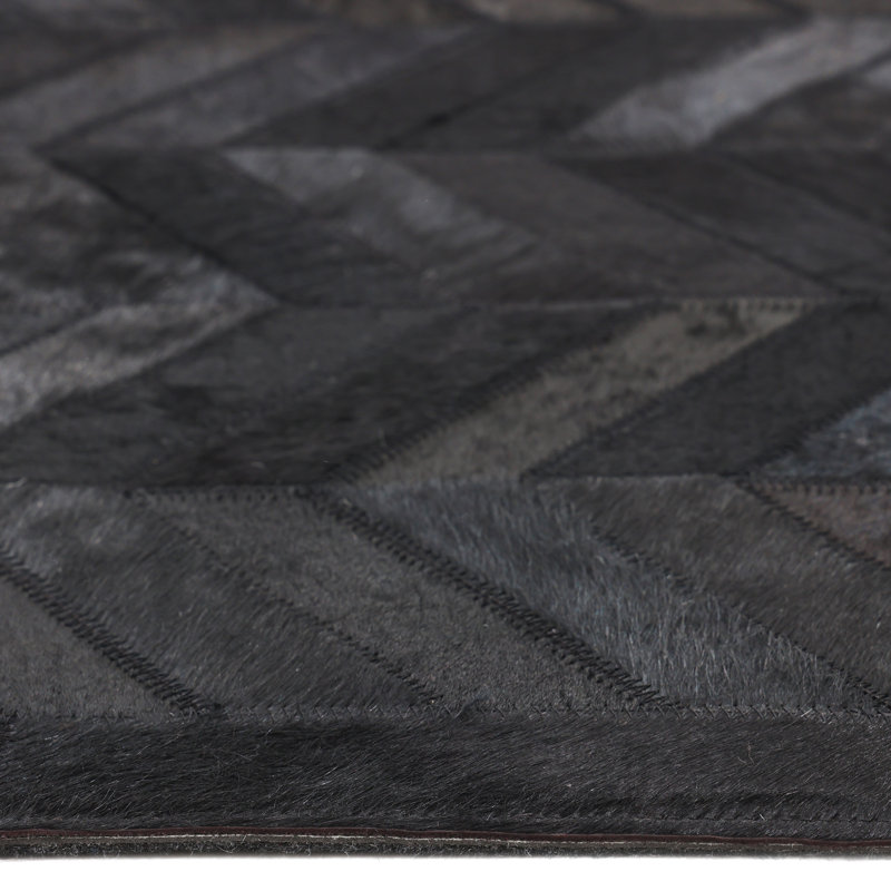Meir Leather Chevron Area Rug, Rectangle 9' x 12', Black