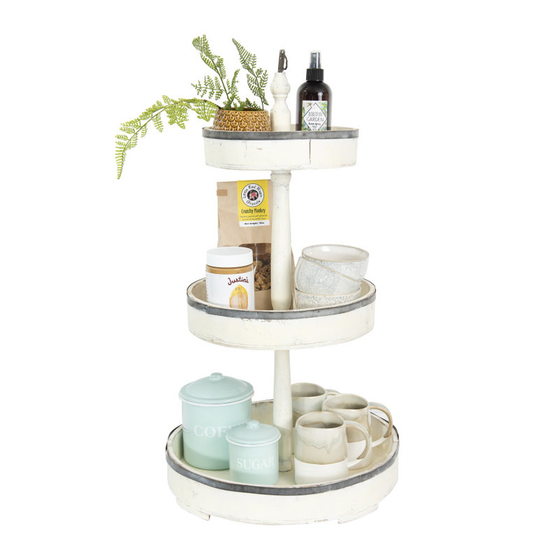 Norah Decorative Wood & Tin 3 Tier Tray, Off-White