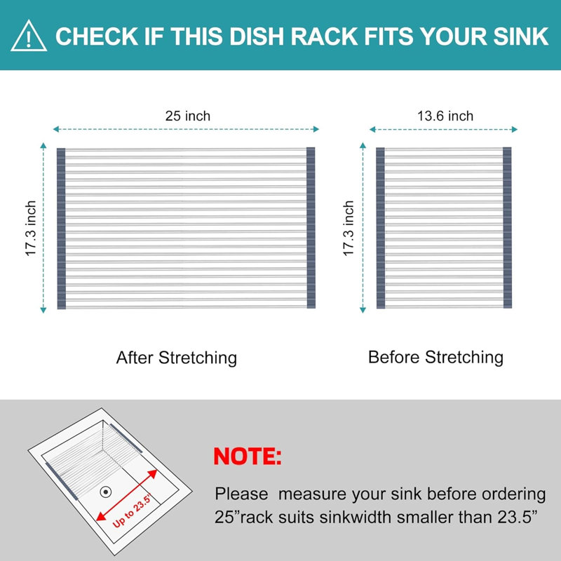 Extra Large Expandable Over-Sink Dish Drying Rack | Roll-Up Stainless Steel Sink Cover | Foldable & Rollable | Black (25.1''-17.3'')