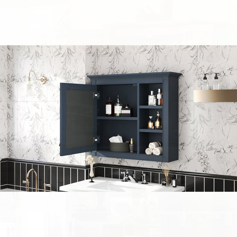 Armoire à pharmacie murale à miroir avec tablettes ouvertes, Bleu