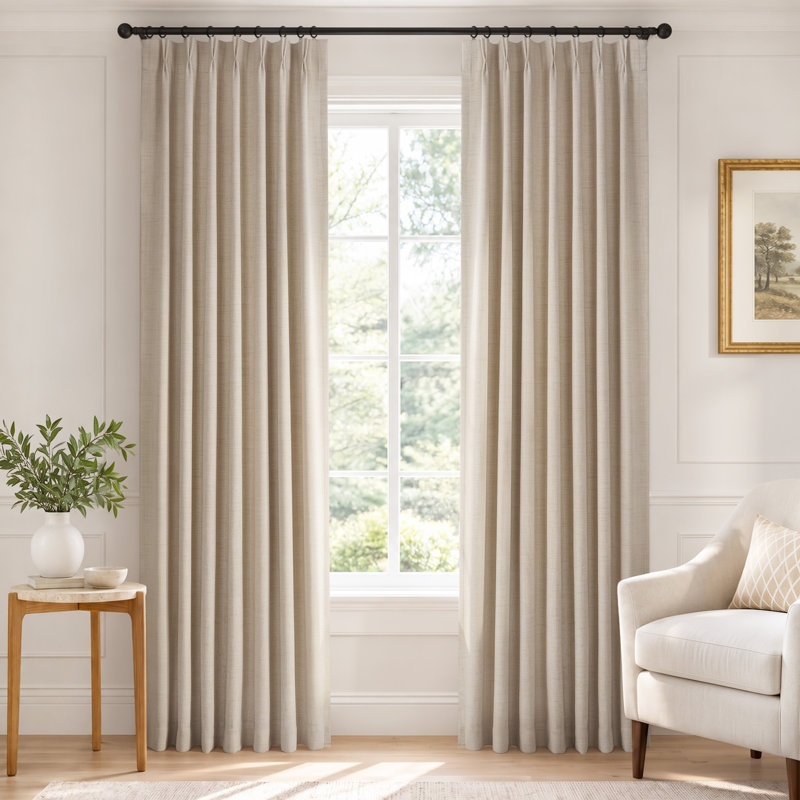 100% Blackout Faux Linen Pinch Pleated Curtain Panels Thermal Insulated Drapes with 20 Hooks for Bedroom & Living Room, Set of 2