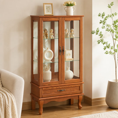 Vitrine éclairée en verre Vitrine vitrée en verre avec tablettes réglables en verre Deux portes et une ampoule de tiroir incluses pour la décoration intérieure et le rangement