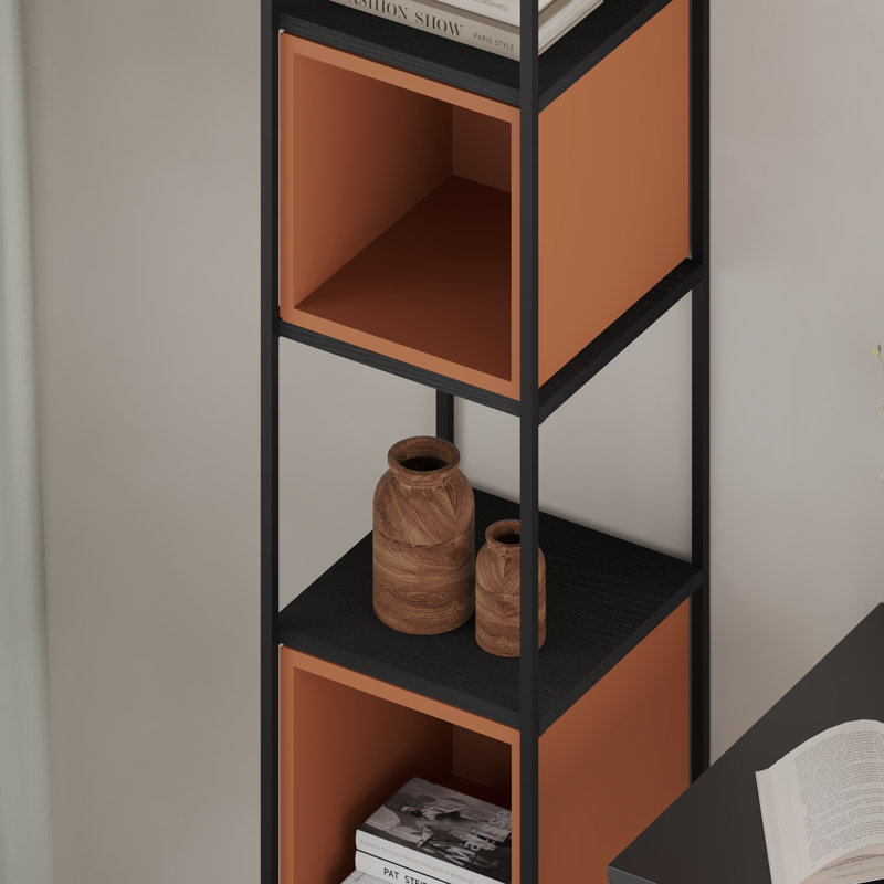5-Shelf Slim Display Bookcase with Cross Metal Frame, Black/Cinnamon