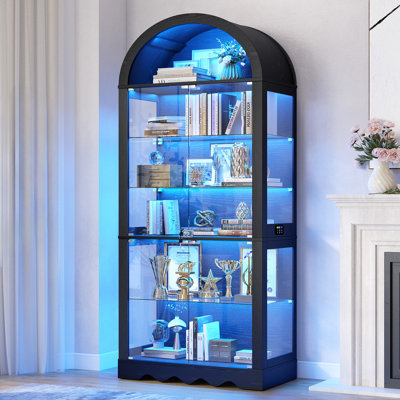 6-Tier Glass Display Cabinet With Rgb Sensor Lights, Lockable Arched Curio Cabinet
