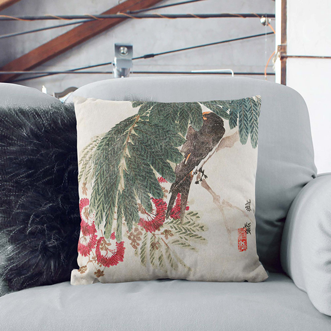 Bird Hiding in the Tree by Kono Bairei Cushion with Filling