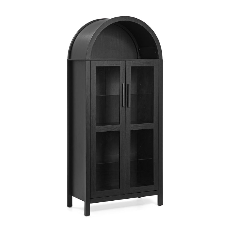 Black Modern Retro-style Wooden Storage Cabinet With Lamp, Adjustable Glass Shelves, And High-arched Design—perfect As A Multi-functional Kitchen Cabinet.