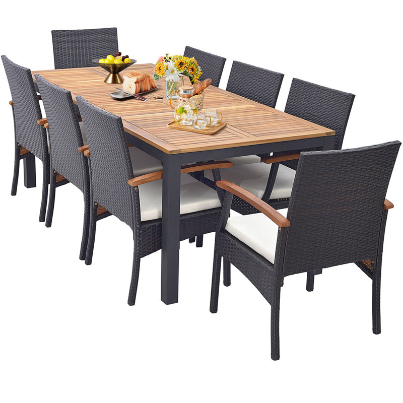 Gymax Set of 9 Patio Rattan Dining Set w/ Acacia Wood Table & Cushions 1.9'' Umbrella Hole