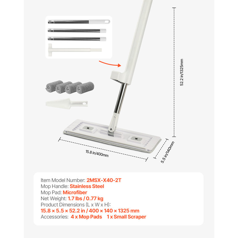 Nettoyeur à plancher plat en microfibre avec 4 tampons réutilisables et lavables pour le nettoyage des sols secs et humides, serpillère plate en microfibre avec poignée en acier inoxydable pour vinyle stratifié