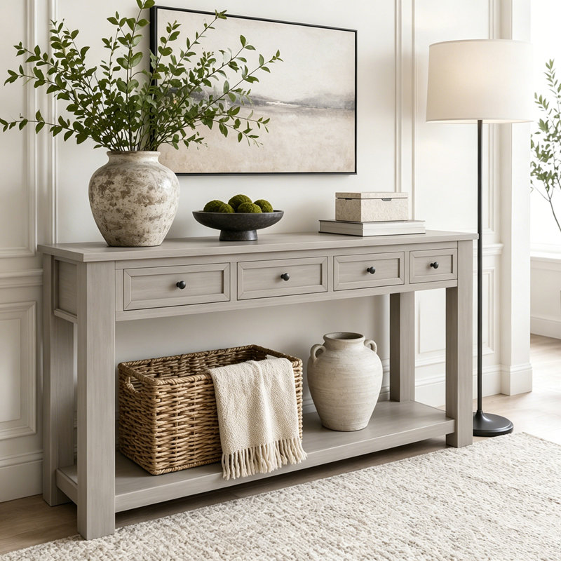 Console 63 pouces avec quatre tiroirs et tablette inférieure, Gris délavé