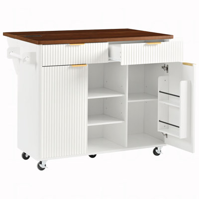 Îlot de cuisine cannelé de 52 po avec abattant, prise de courant, chariot de rangement de cuisine avec tablettes réglables, 2 portes et 2 tiroirs, table d'îlot roulant avec plateau de couleur noyer pour la cuisine, blanc