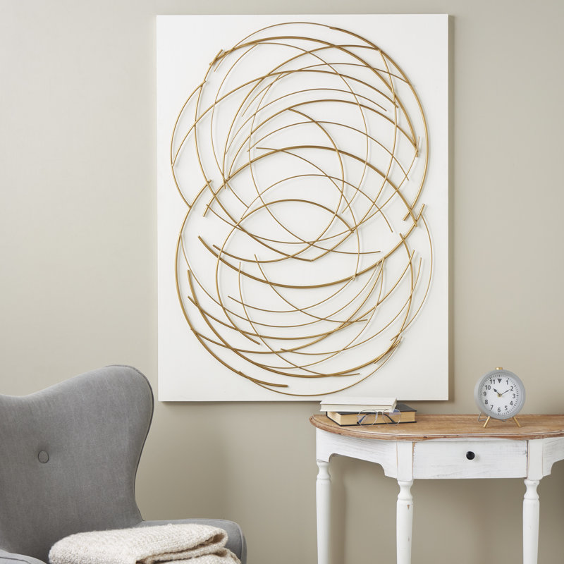 Metal Overlapping Circle Design Abstract Gold Wall Decor with White Wood Backing