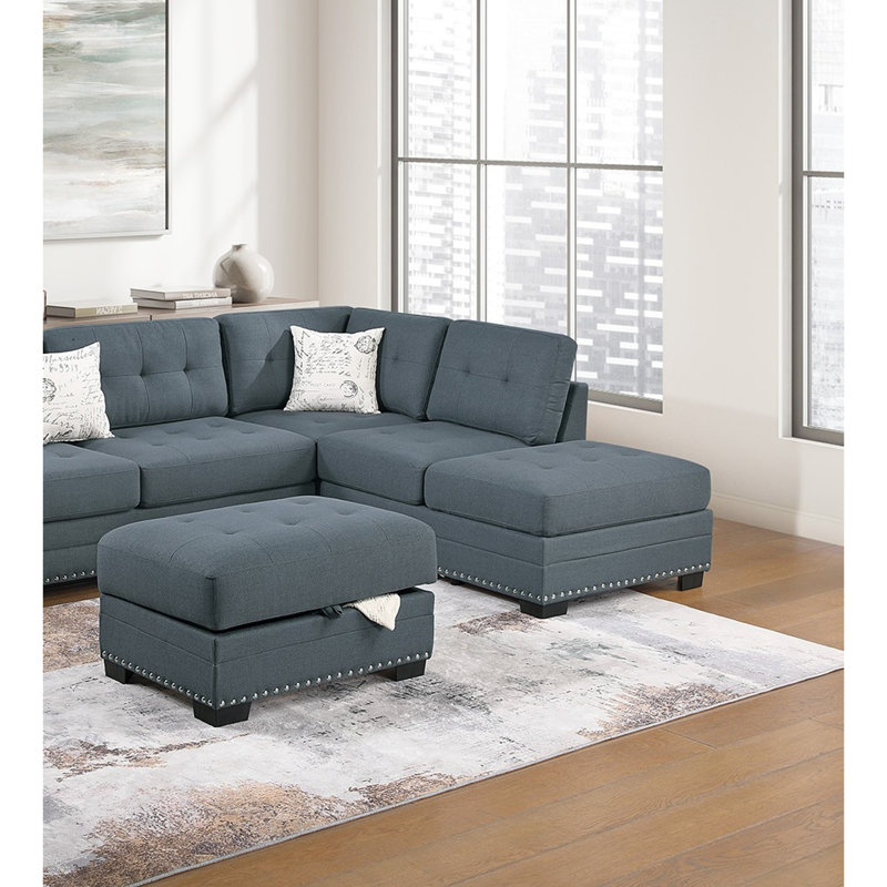 Living Room L-Shaped Sectional w Ottoman, Toile de jute gris foncé