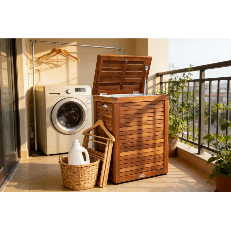 Large Rectangular Teak Laundry Hamper With Optiarea Design - Durable Storage Basket For Indoor And Outdoor Use