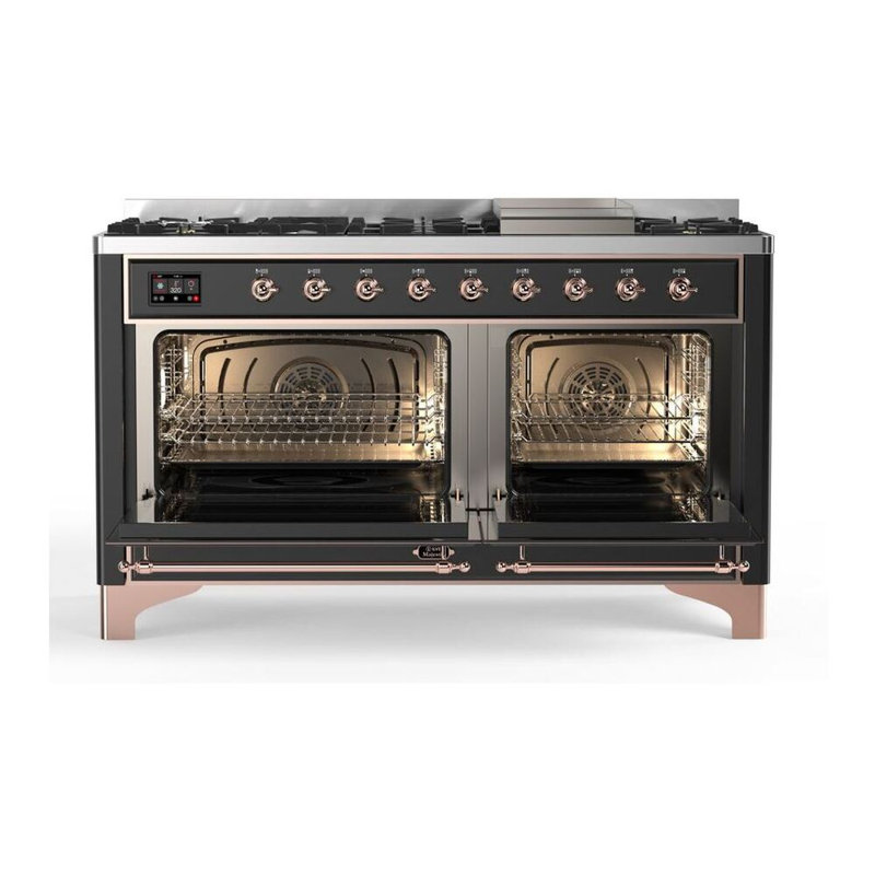 Cuisinière ILVE Majestic II Series 60 pouces à double combustible avec 9 brûleurs, plaque de cuisson (porte en verre, gaz naturel)