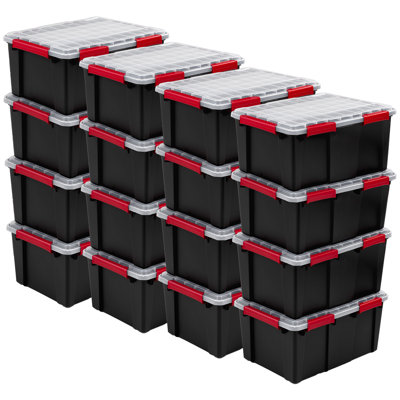 Sterilite 20 Gal Gasket Box, Stackable Storage Container w/ Lid, Black, 16 Pack