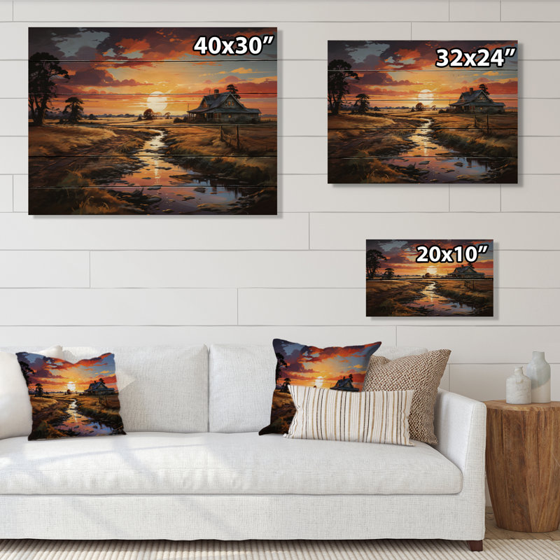 Merito Farmhouse Sunset sur impression de bois, H 30 po x l 40 po x P 0,78 po
