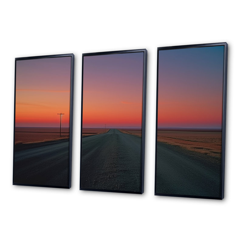 «Sunset Road Landscape I», ensemble d'art mural, Cadre flottant noir, H 32 po x l 48 po x P 1 po