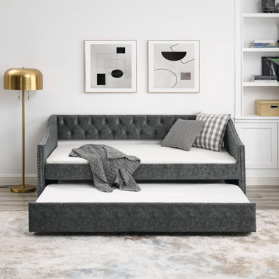 Full Size Daybed With Twin Size Trundle Upholstered Tufted Sofa Bed, With Button On Back And Copper Nail On Waved Shape Arms by Red Barrel Studio