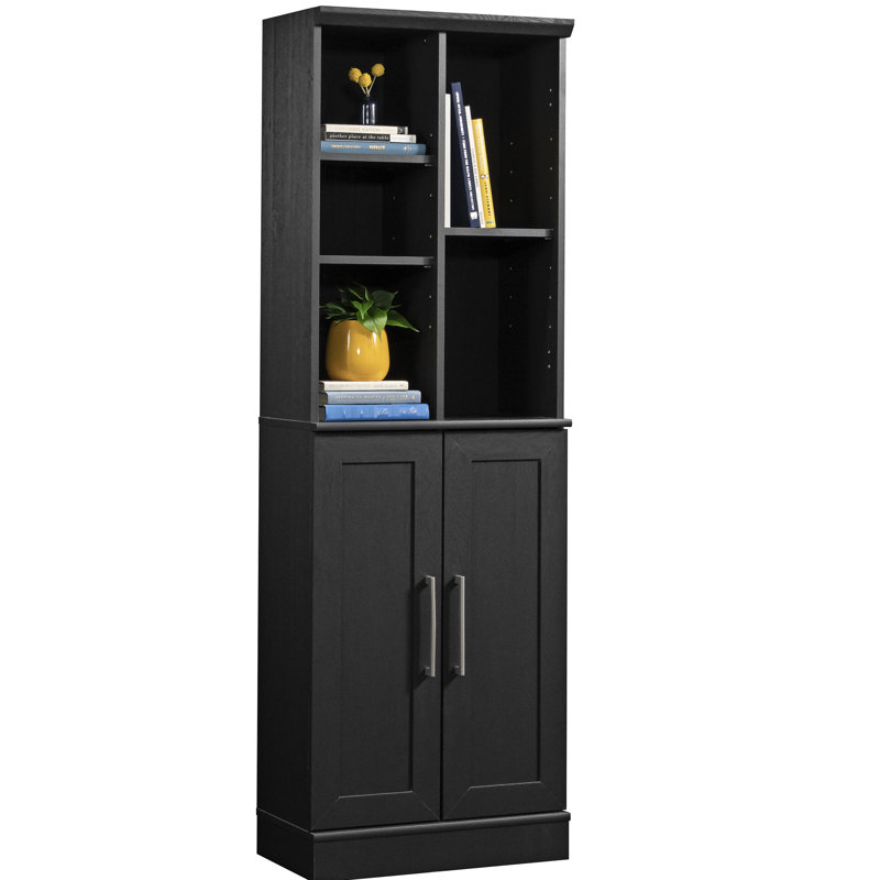 Armoire de rangement noire à finition brune pour la lessive, le bureau et autres espaces, armoire polyvalente à six tablettes, peu encombrante et organisée en plusieurs zones