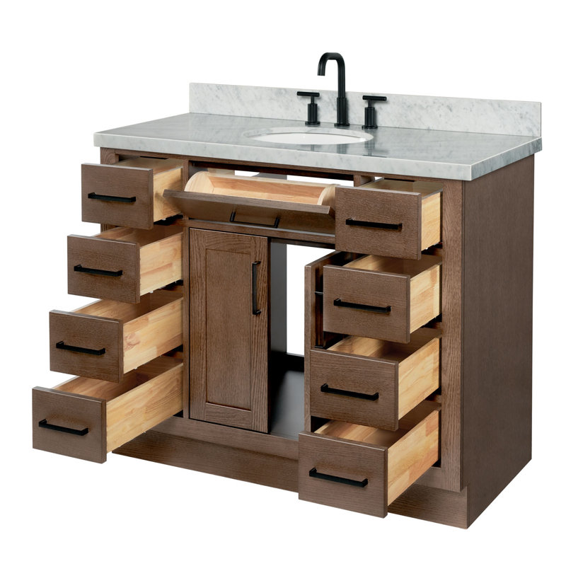 Meuble-lavabo simple en bois massif 42 po avec plateau en marbre Carrara de 1,5 po Thornaby, Ovale, Chêne brun / noir mat