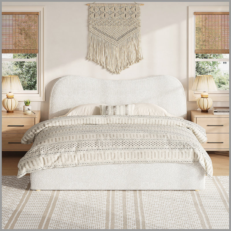 Grand lit plateforme tapissier avec lattes de bois, blanc, Blanc, Grand lit