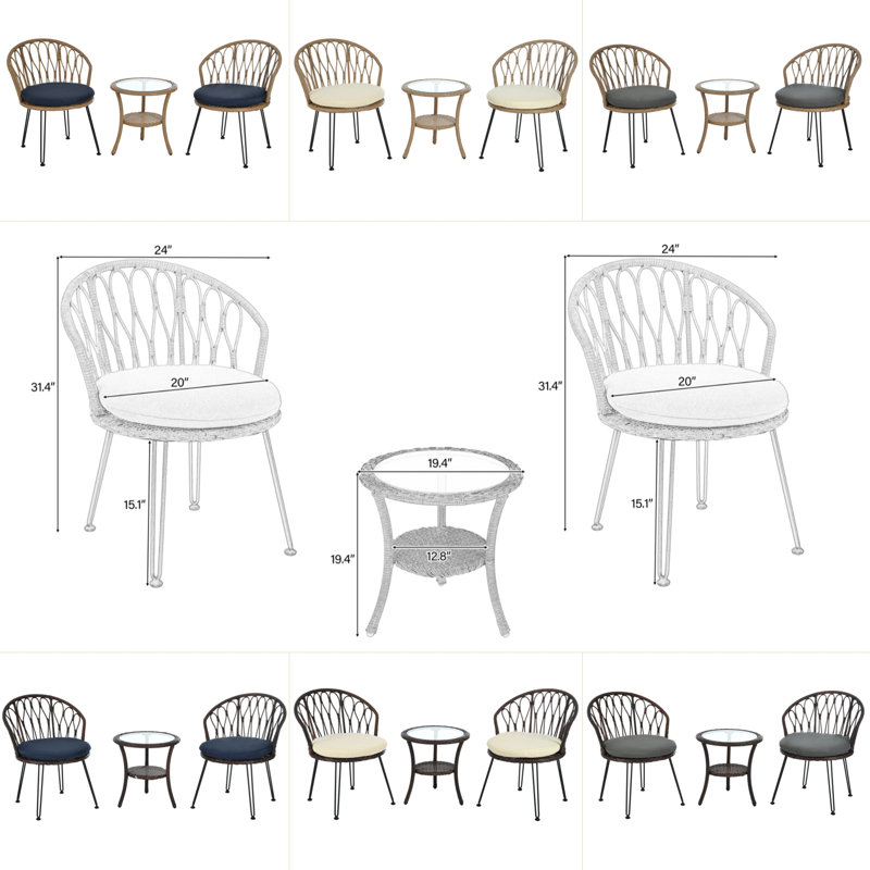 Verdiva Outdoor Leisure Conversation Set With 2 Rattan Chairs And Glass Table, Beige, Natural