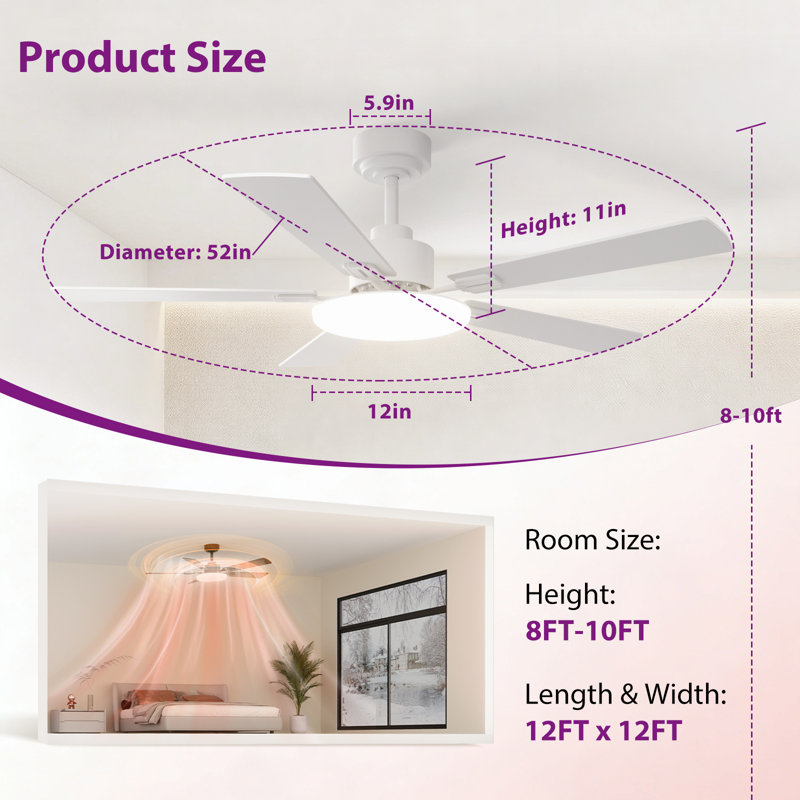52" 5-blade Ceiling Fan With Light, Downrod Mount, 3cct Led, 6-speed Dc Motor, Remote Control, White, White
