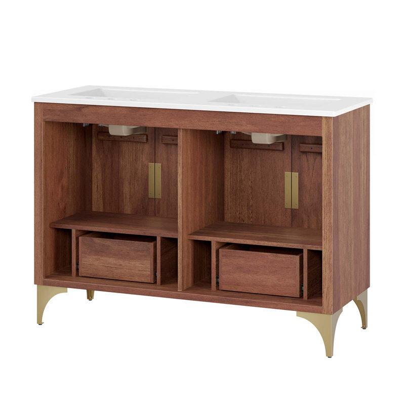 Daylight 48" Double Sink White Walnut Bathroom Vanity with Brass Base