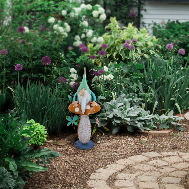 20"H Metal Gnome Iron Décor with Mushroom for Garden & Lawn