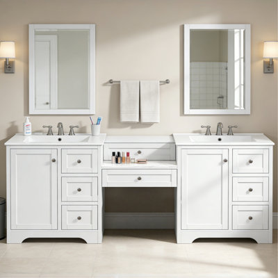 84" Double-Sink Bathroom Vanity, 2 Ceramic Sinks and a Engineered Stone Countertop, Large storage Bathroom Vanity with Silver Metal Knobs and 6 Drawers, Soft Closing Design, White