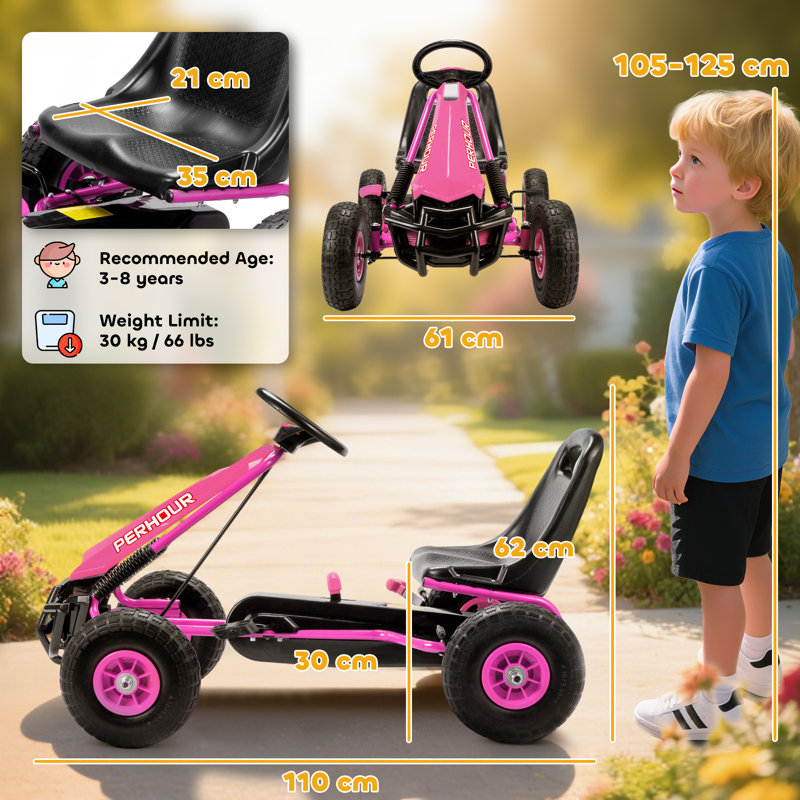 AIYAPLAY Kids Pedal Go Kart with Adjustable Seat for Kids 3-8 Years, Pink